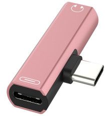 Переходник USB Type C-3.5mm mini jack + TypeC, розовый, GCR-UC2AUX