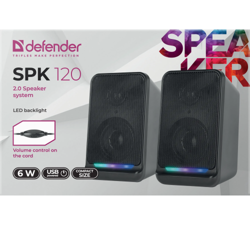 Акустическая система 2.0 Defender SPK 120, 6 Вт, подсветка, питание от USB, черный
