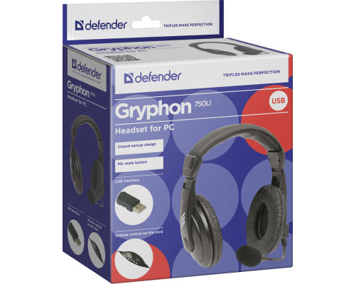 Гарнитура Defender Gryphon 750U USB, черный, 1.8м кабель Гарнитура Defender Gryphon 750U USB, черный, 1.8м кабель