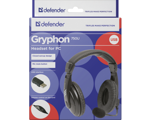 Гарнитура Defender Gryphon 750U USB, черный, 1.8м кабель Гарнитура Defender Gryphon 750U USB, черный, 1.8м кабель