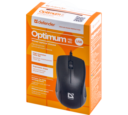 Мышь проводная Defender Optimum MB-160, 3 кнопки, 1000 dpi, черный