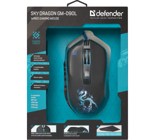 Мышь проводная игровая Defender Sky Dragon GM-090L, 6 кнопок, 800-3200 dpi, черный