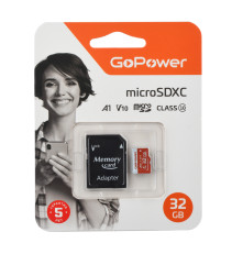Карта памяти GoPower 32GB microSD Class10, UHS-I (U3), 80 Мб/сек, V10, с адаптером