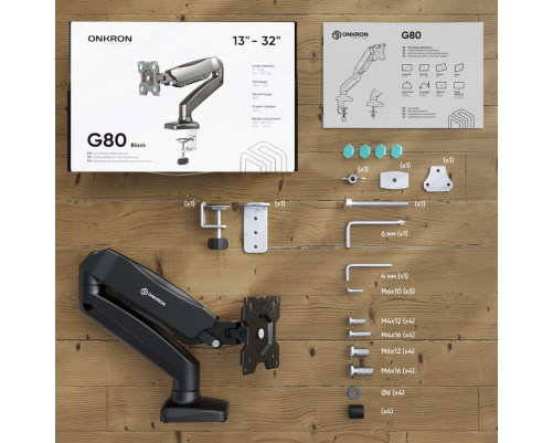 Кронштейн для мониторов ONKRON ONKRON G80 BLACK, ГАЗЛИФТ макс 100*100 наклон -45º/+90º, поворот +-90°, 2 колена, от стены: до 450мм Кронштейн для мониторов ONKRON ONKRON G80 BLACK, ГАЗЛИФТ макс 100*100 наклон -45º/+90º, поворот +-90°, 2 колена, от стены: до 450мм