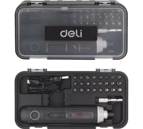 Отвертка аккумуляторная Deli DL-DP04-E1B2 (3,6В, 2А*ч, 5Нм, набор бит 24 шт, пласт. кейс)