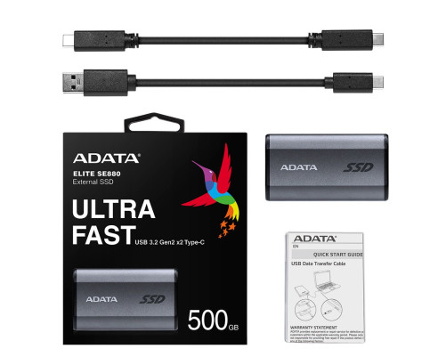 Внешний накопитель SSD 500GB ADATA Elite SE880, USB 3.2, серый титан Внешний накопитель SSD 500GB ADATA Elite SE880, USB 3.2, серый титан