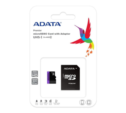 Карта памяти microSDXC 64GB ADATA AUSDX64GUICL10-RA1 Class 10 UHS-I U1, с адаптером