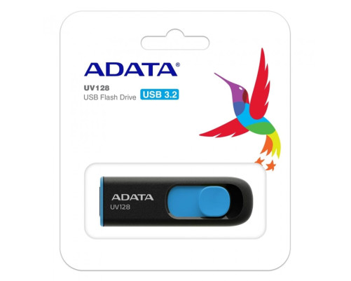 USB накопитель 64GB ADATA UV128 USB 3.2 Gen 1, черный/синий USB накопитель 64GB ADATA UV128 USB 3.2 Gen 1, черный/синий