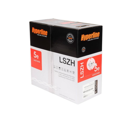 Кабель витая пара Hyperline U/UTP, неэкранированный, cat.5, 4 pair, 24 AWG, LSZH, 305 м, серый
