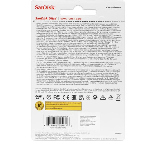 Карта памяти 64GB SanDisk Ultra SDSDUNB-064G-GN6IN Class 10 UHS I