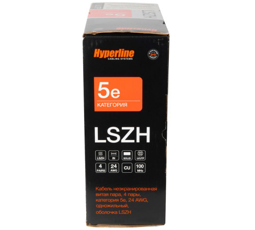 Кабель витая пара Hyperline U/UTP, неэкранированный, cat.5e, 4 pair, 24 AWG, LSZH, 100 м, серый