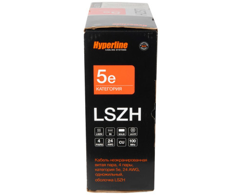 Кабель витая пара Hyperline U/UTP, неэкранированный, cat.5e, 4 pair, 24 AWG, LSZH, 100 м, серый Кабель витая пара Hyperline U/UTP, неэкранированный, cat.5e, 4 pair, 24 AWG, LSZH, 100 м, серый