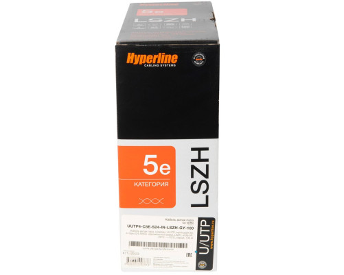 Кабель витая пара Hyperline U/UTP, неэкранированный, cat.5e, 4 pair, 24 AWG, LSZH, 100 м, серый Кабель витая пара Hyperline U/UTP, неэкранированный, cat.5e, 4 pair, 24 AWG, LSZH, 100 м, серый