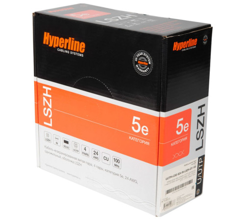 Кабель витая пара Hyperline U/UTP, неэкранированный, cat.5e, 4 pair, 24 AWG, LSZH, 100 м, серый
