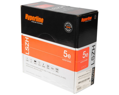 Кабель витая пара Hyperline U/UTP, неэкранированный, cat.5e, 4 pair, 24 AWG, LSZH, 100 м, серый Кабель витая пара Hyperline U/UTP, неэкранированный, cat.5e, 4 pair, 24 AWG, LSZH, 100 м, серый