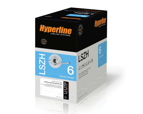 Кабель витая пара Hyperline U/UTP, неэкранированный, cat.6, 4 pair, 23 AWG, LSZH, 305 м, серый Кабель витая пара Hyperline U/UTP, неэкранированный, cat.6, 4 pair, 23 AWG, LSZH, 305 м, серый