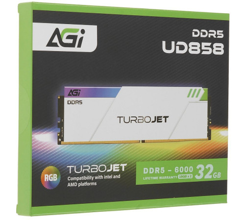 Модуль памяти AGI DDR5 6000MHz CL30 32GB Kit (16GBx2) OC UDIMM + White HEAT SINK –Turbojet+RGB lightbar -Color box