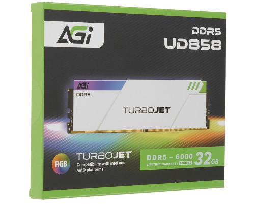 Модуль памяти AGI DDR5 6000MHz CL30 32GB Kit (16GBx2) OC UDIMM + White HEAT SINK –Turbojet+RGB lightbar -Color box Модуль памяти AGI DDR5 6000MHz CL30 32GB Kit (16GBx2) OC UDIMM + White HEAT SINK –Turbojet+RGB lightbar -Color box