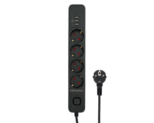 Сетевой фильтр Гарнизон EPS-4-U3-B-2, 4 розетки, 10А, 3 USB-A 5В, 2 м, черный