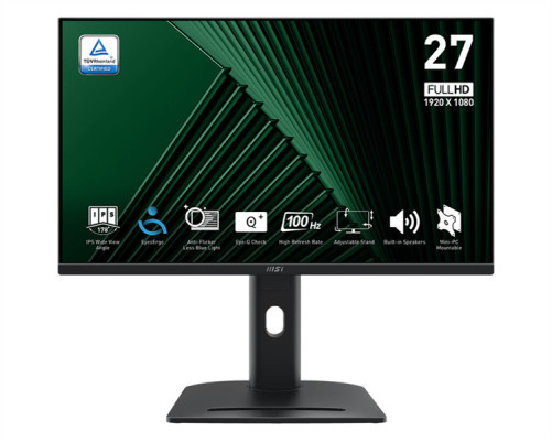 Монитор MSI PRO MP275QPDG 27" 16:9 WQHD(2560x1440) IPS Flat, WebCam FHD, 1ms(MPRT), 1300:1,100M:1,250nit,178/178,2xHDMI,DP,USB-C,USB-B, 4xUSB-A,RJ-45,Speaker,Tilt,Swivel,Height,Pivot 100HZ,Black,1y war-ty