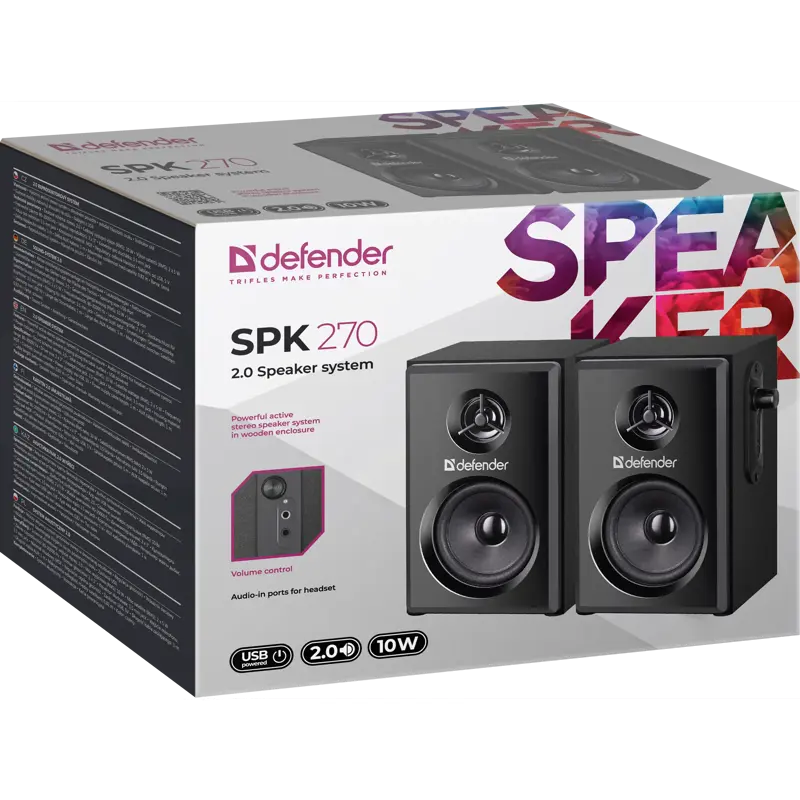 Акустическая система Defender SPK 270, 2.0, черный, 10 Вт, питание от USB