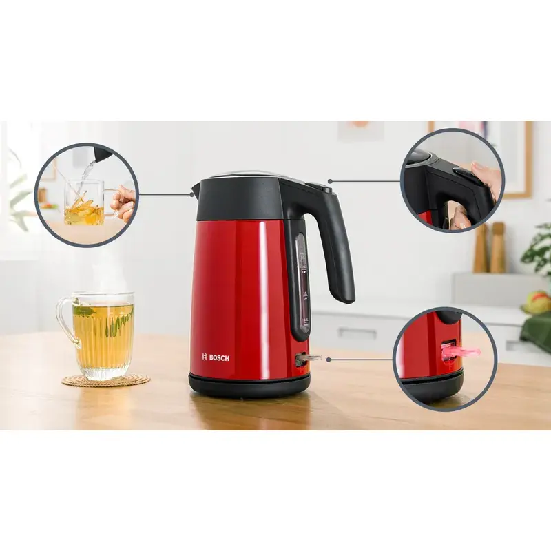 Чайник Bosch TWK7L464, 1.7 л, закрытая спираль, 2400 Вт, красный