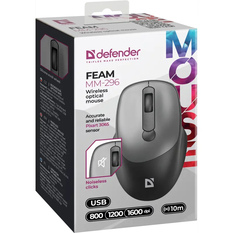 Мышь беспроводная Defender Feam MM-296 черный,4D,800-1600dpi, бесшумная