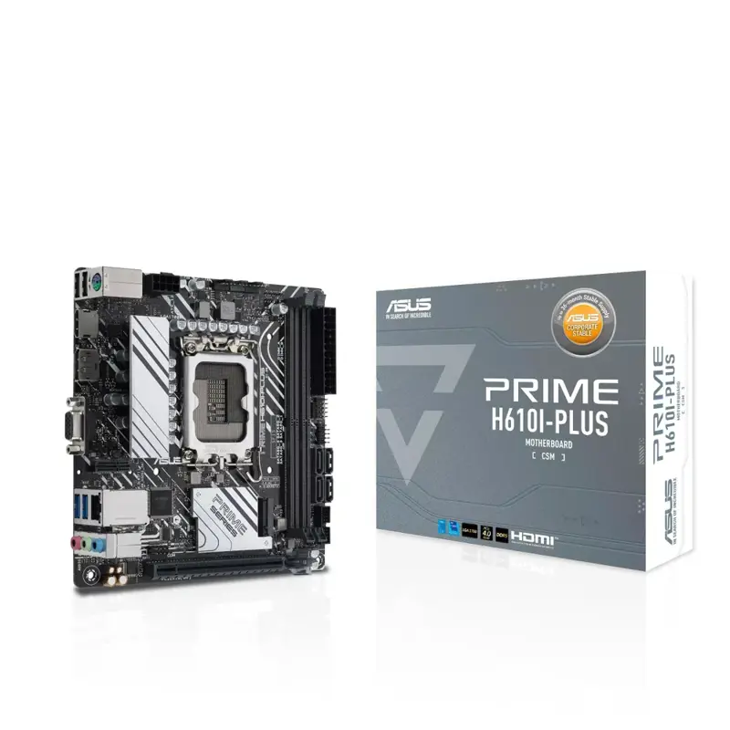 Материнская плата ASUS PRIME H610I-PLUS-CSM, LGA1700, B610, 2*DDR5, 4*SATA, 1*M.2, 2*USB 3.2, 2*USB 2.0, 1*PCIx16, HDMI+DP+VGA, mITX; 90MB1GB0-M0EAYC