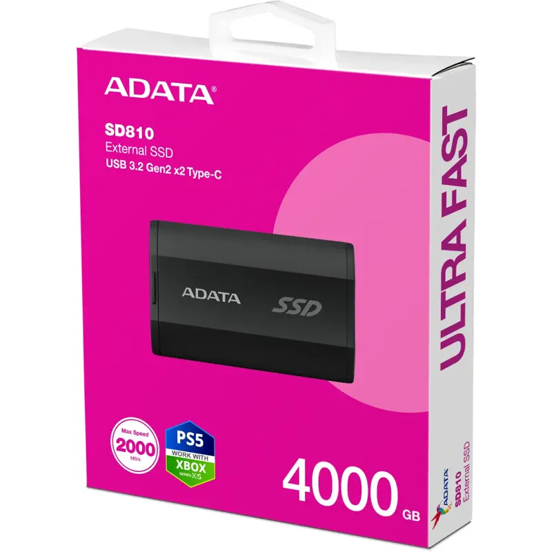 Внешний накопитель SSD ADATA SD810, 4TB, Type-C, USB 3.2 Gen2х2, up to R/W 2000/2000 MB/s, 72.7x44x12.2mm, Black