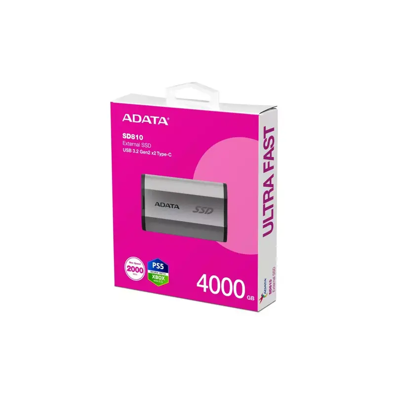 Внешний накопитель SSD ADATA SD810, 4TB, Type-C, USB 3.2 Gen2х2, up to R/W 2000/2000 MB/s, 72.7x44x12.2mm, Silver