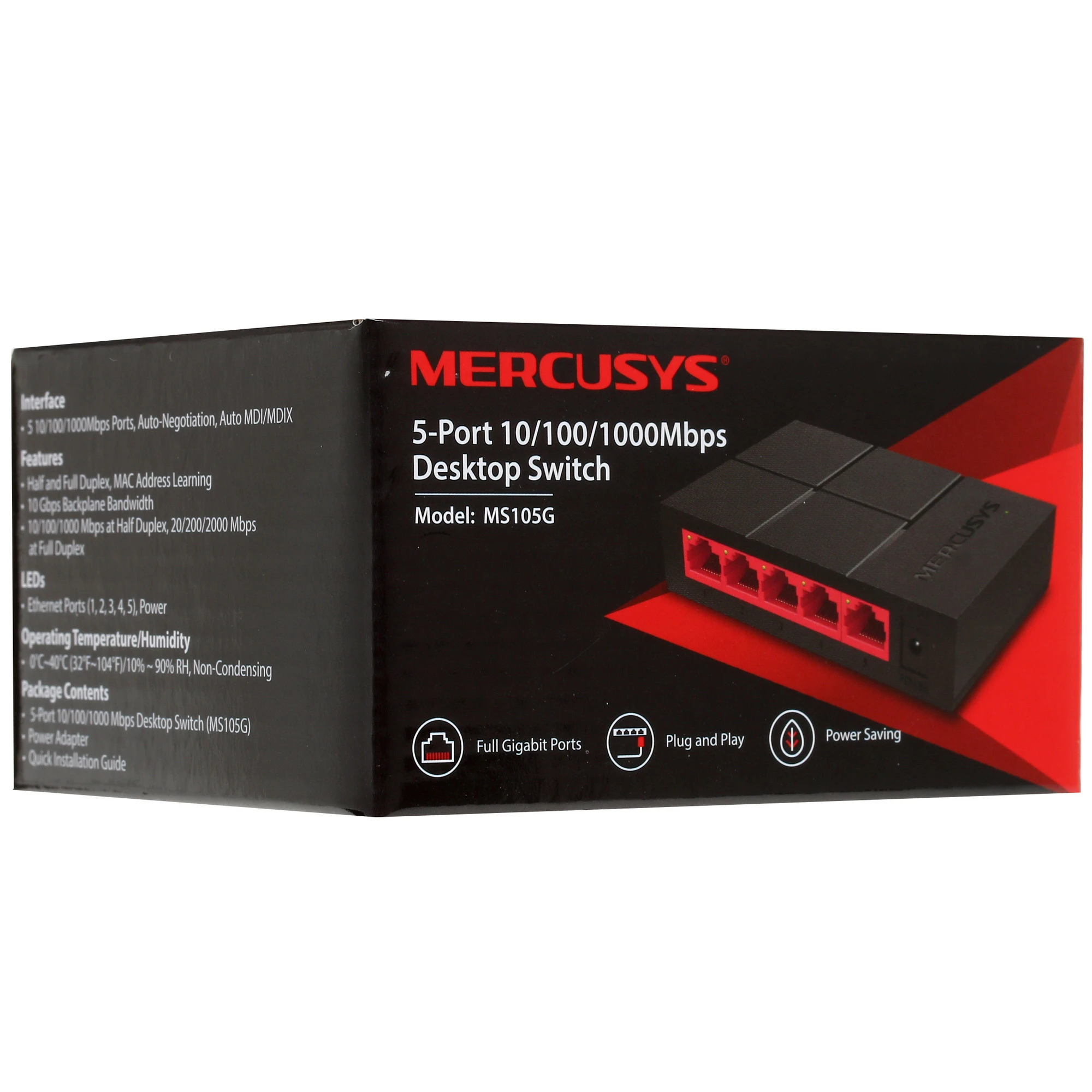 Коммутатор Mercusys MS105G, 5 гигабитных портов, пластиковый корпус
