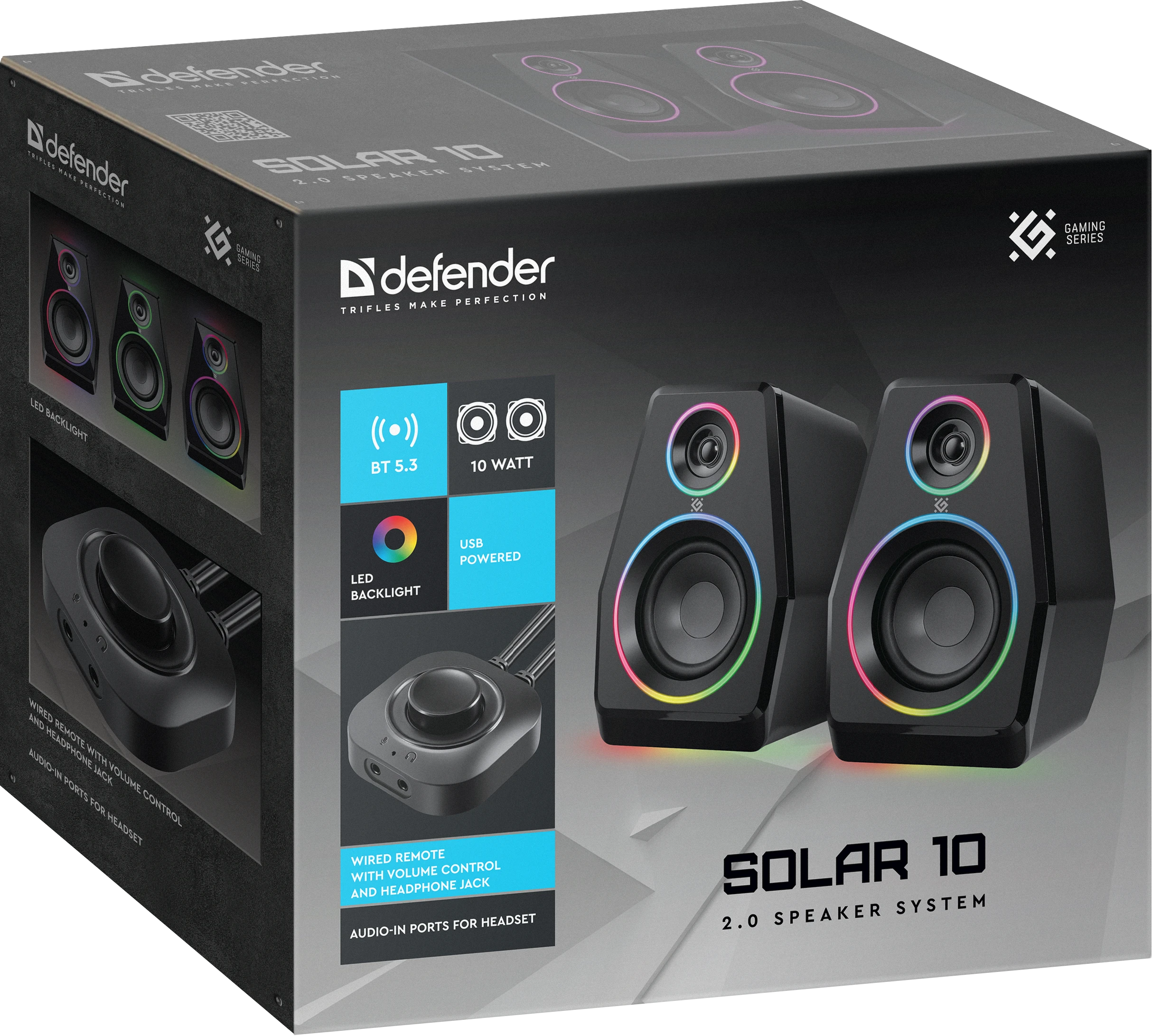 Акустическая система 2.0 Defender Solar 10, 10Вт, BT, Light, питание от USB, черный