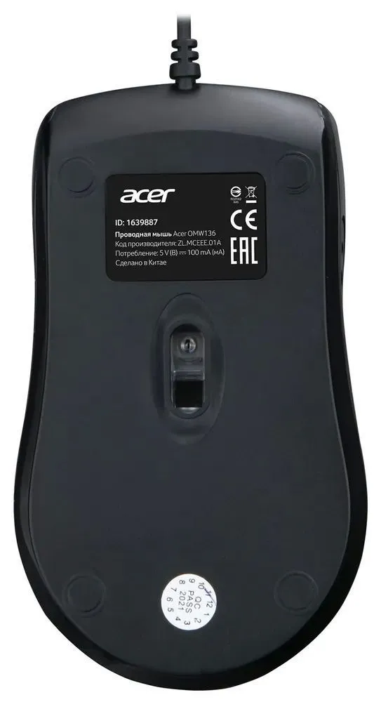 Мышь проводная Acer OMW136, 1200 dpi, USB, 3 кнопки, черный